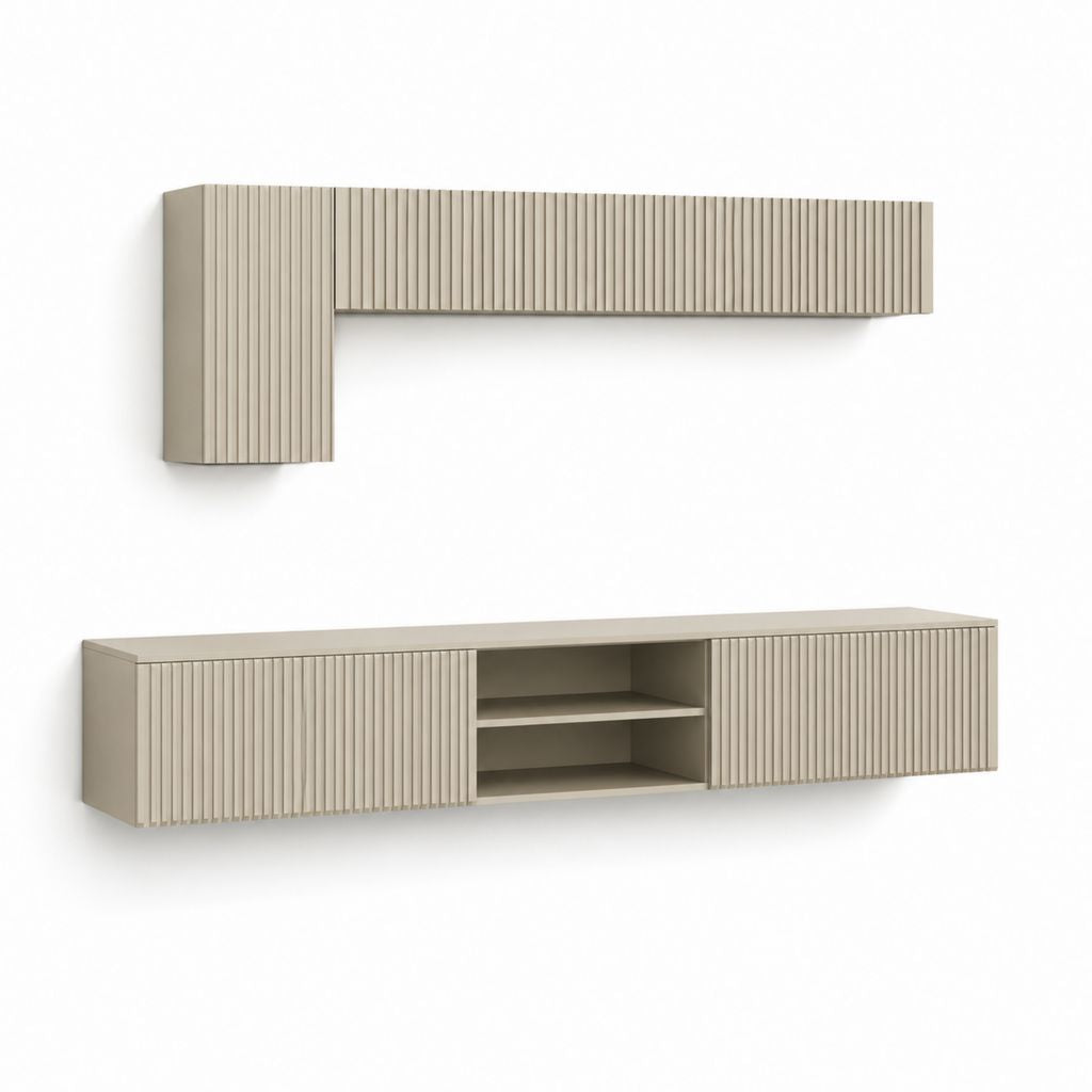 TV-Lowboard mit 2 Elementen aus MDF und melaminisches Turtle-Holz mit Schlitztüren, 200 × 35 × 150 cm