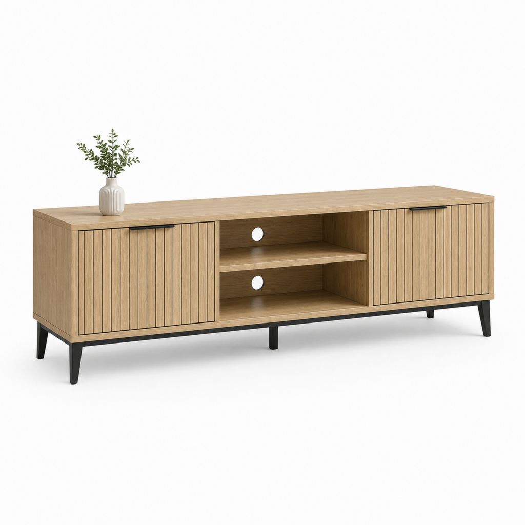 TV-Lowboard aus Holz und Stahl mit 2 Türen und 2 offenen Räumen, Eiche und Natur, 180 × 40 × 60 cm