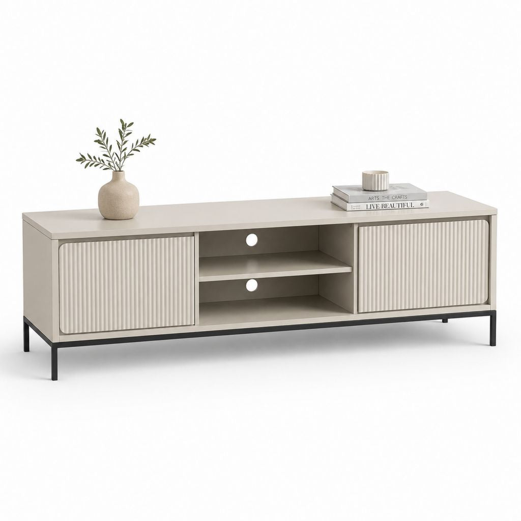 TV-Lowboard aus Holz und Stahl mit 2 Schiebetüren, Turteltaube und Schwarz, 160 × 40 × 60 cm
