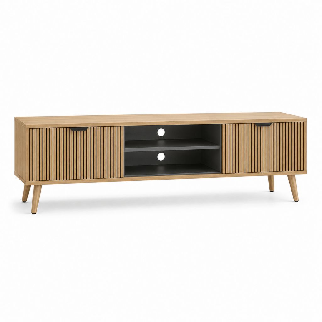 TV-Lowboard mit 2 Toren und Regal, MDF natürliche und schwarze Eiche Wirkung, 160 × 40 × 58 cm