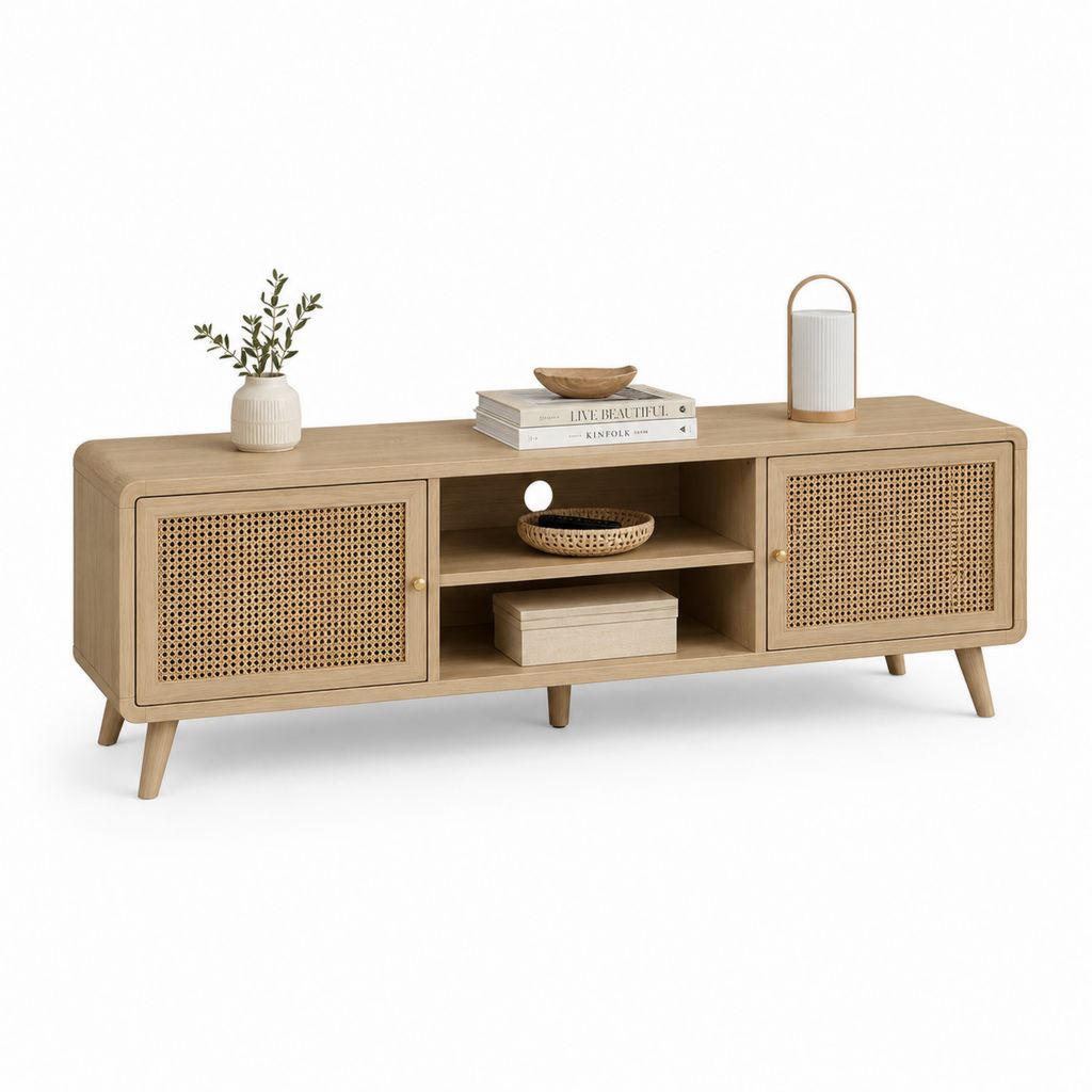 Mobile TV-Anschluss aus Holz und Rattan mit 2 Türen und offenen Regalen, 140 × 40 × 55 cm, Eiche Natur