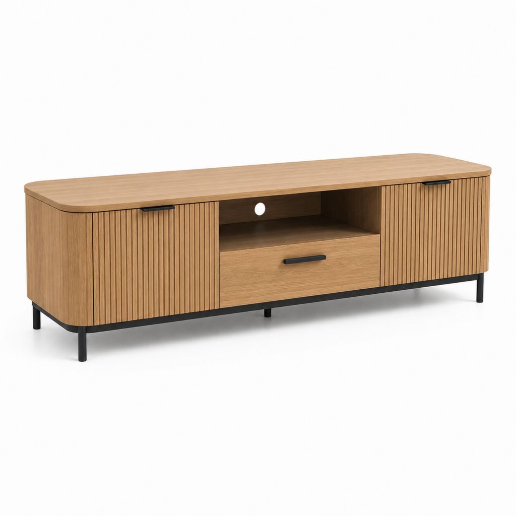 TV-Lowboard aus Holz und Metall mit 2 Türen, Schublade und offenem Fach, Eiche und Natur, 180 × 40 × 60 cm