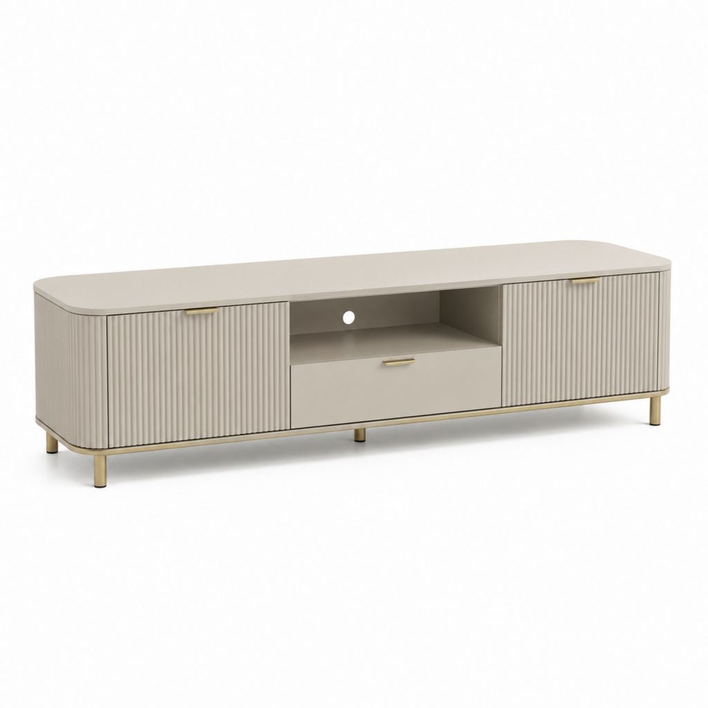 TV-Lowboard aus MDF und Stahl, Grauge und Gold, mit 2 Türen, Schublade und offenem Fach, 180 × 40 × 55 cm