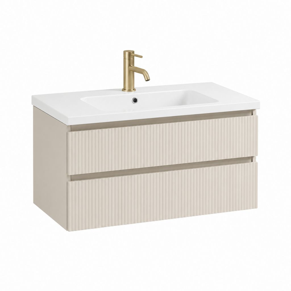 Mobiles Badezimmer in MDF mit Keramik-Waschbecken und Wasserhahn, 80 × 46 × 55 cm, Beige, Weiß und Gold gebürstet