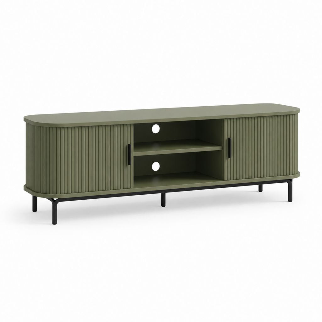 TV-Lowboard aus MDF und Stahl mit 2 Schiebetüren Schnüre und Kabeldurchführungen, schwarz und olivgrün, 160 × 40 × 60 cm