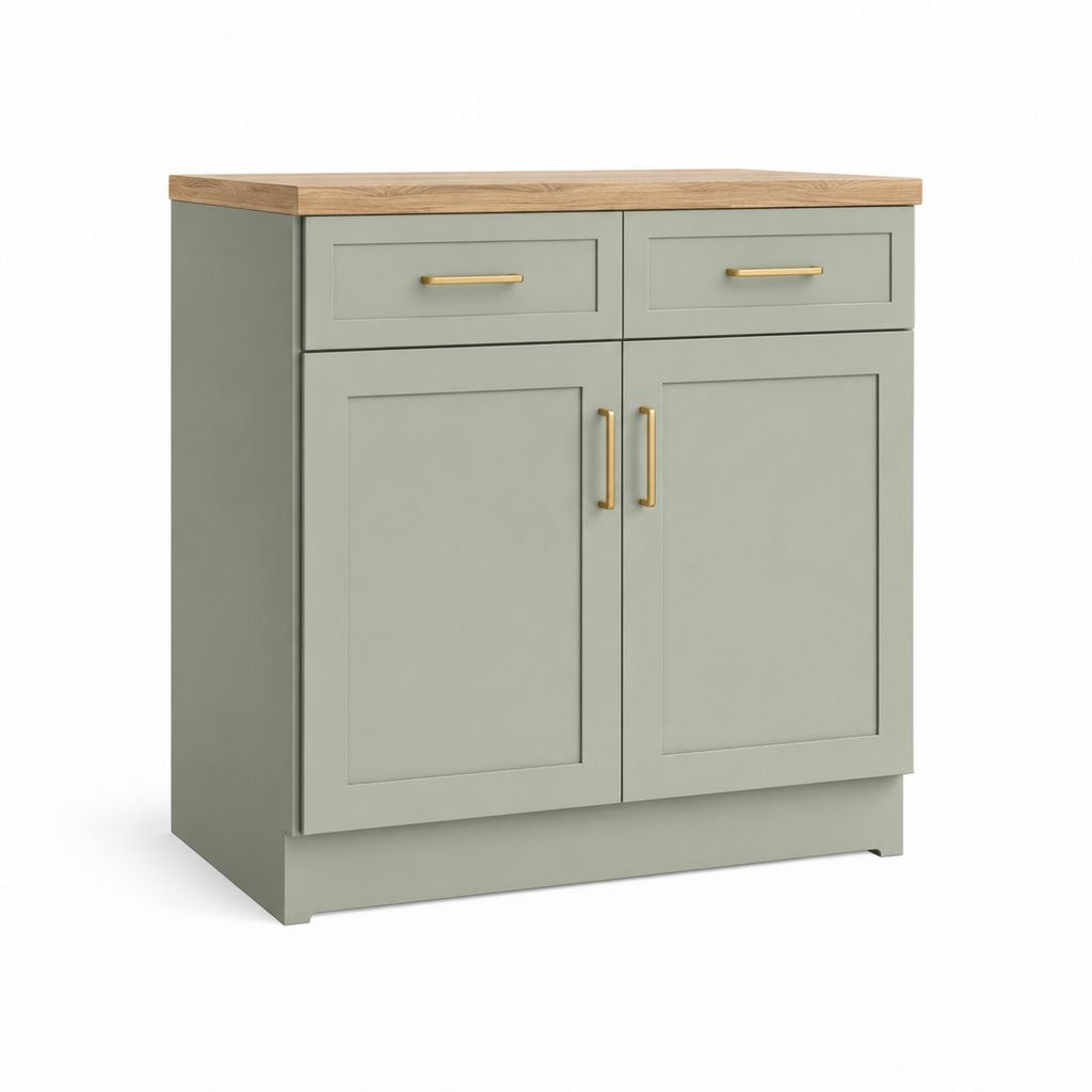 Freistehender Küchenunterschrank aus MDF mit Arbeitsplatte in Eichenoptik, 2 Türen und 2 Schubladen, Salbeigrün, 80 × 40 × 90 cm