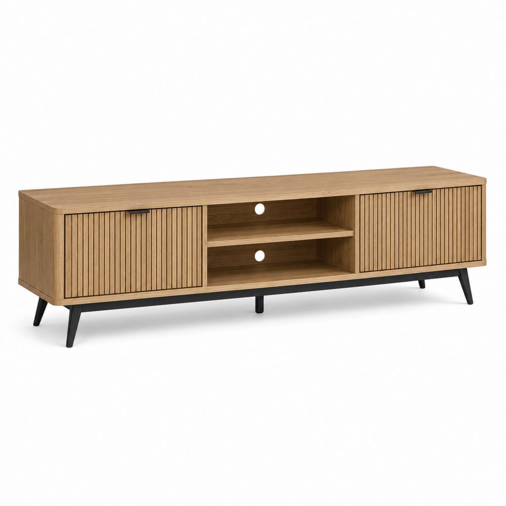 TV-Lowboard aus Holz MDF Eiche Effekt mit 2 Türen und 2 Regalen, 180 × 40 × 58 cm, braune Eiche und schwarz