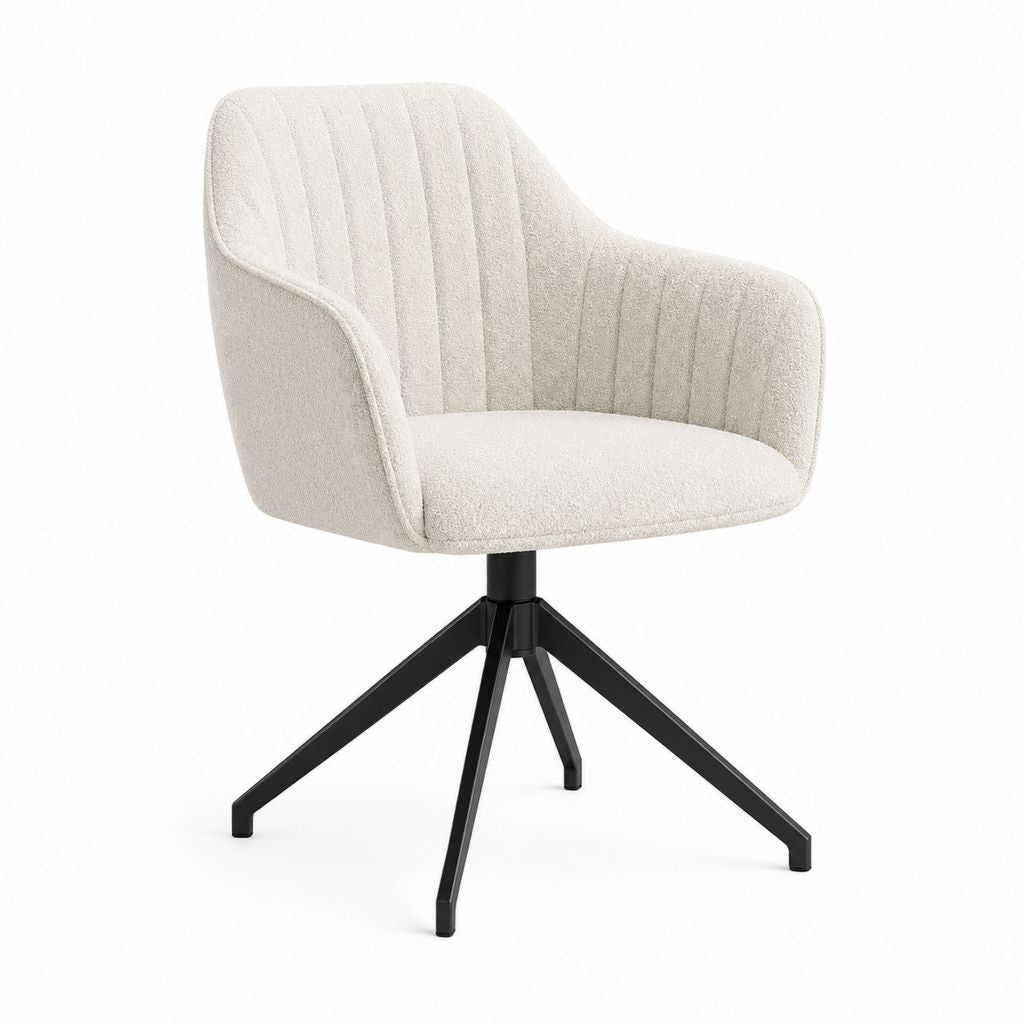 Esszimmerstuhl mit Armlehnen aus weißem Boucle Stoff Creme und Basis aus schwarzem Stahl, 60 × 62 × 83 cm