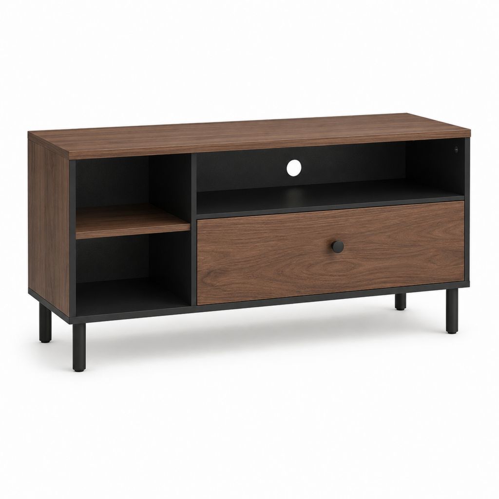 Mobile rechteckige TV-Tür aus Holz und Stahl, braune Nussbaum und schwarz, mit Schublade und 3 Zimmern, 110 × 40 × 60 cm