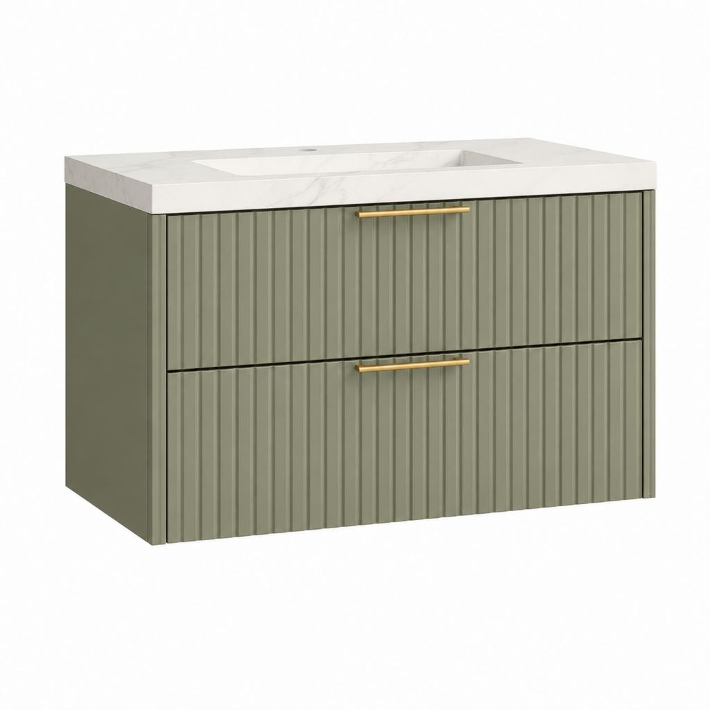 Mobiles Badezimmer mit integriertem Waschbecken, Set mit 2 Teilen aus MDF und Keramik, 80 × 46 × 55 cm, Oliven- und Weißgrün