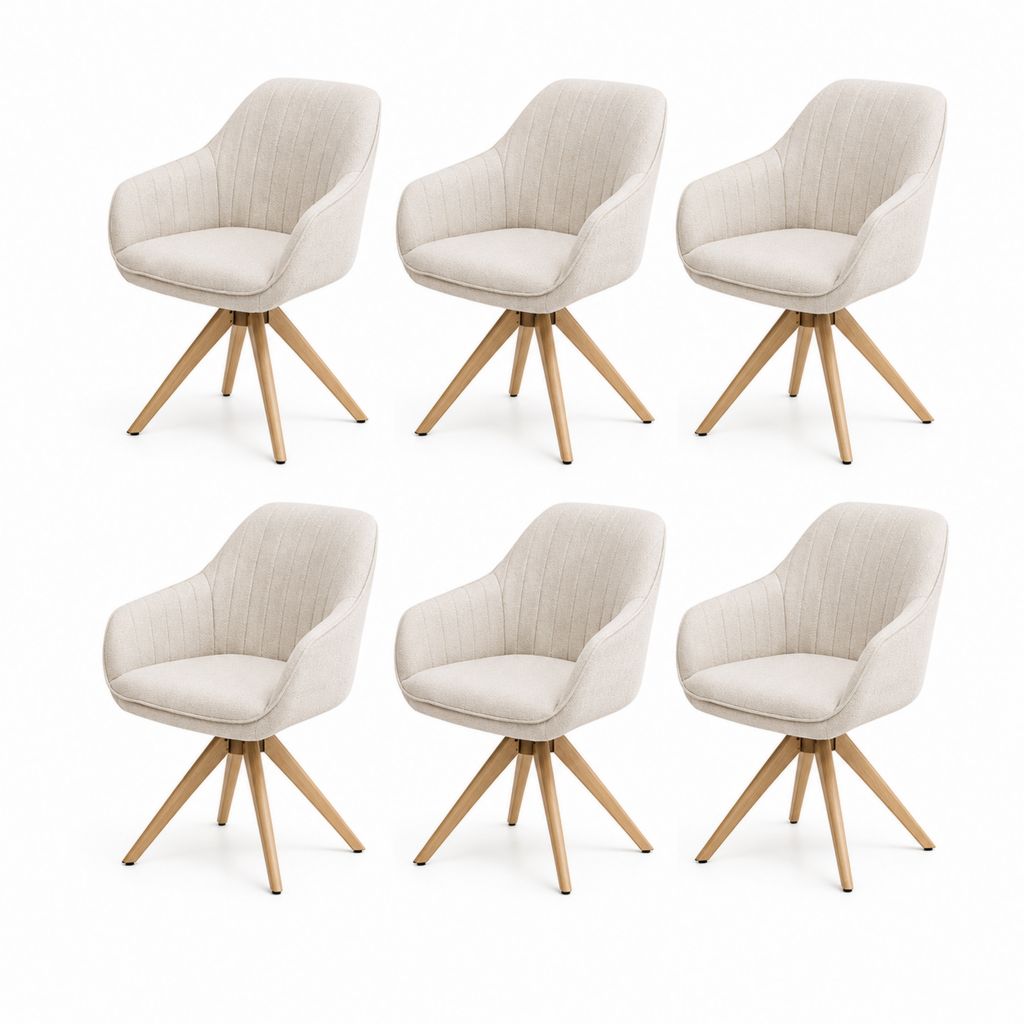 6er-Set Esszimmerstühle mit Armlehnen, beige Stoff und Naturholz, 58 × 60 × 84 cm